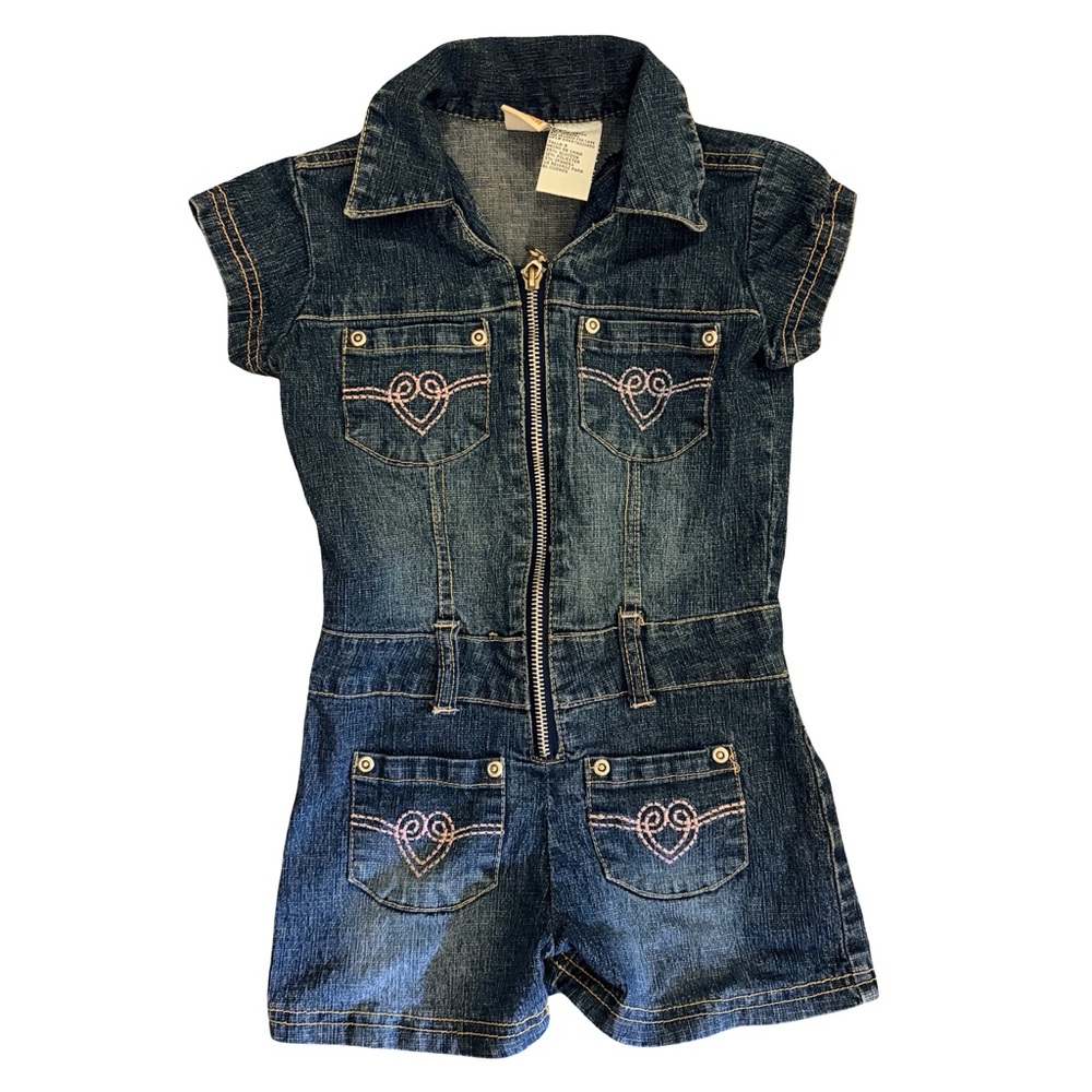 Y2K Vintage Faded Glory Blue Denim Short Jean Girls Romper Size 5